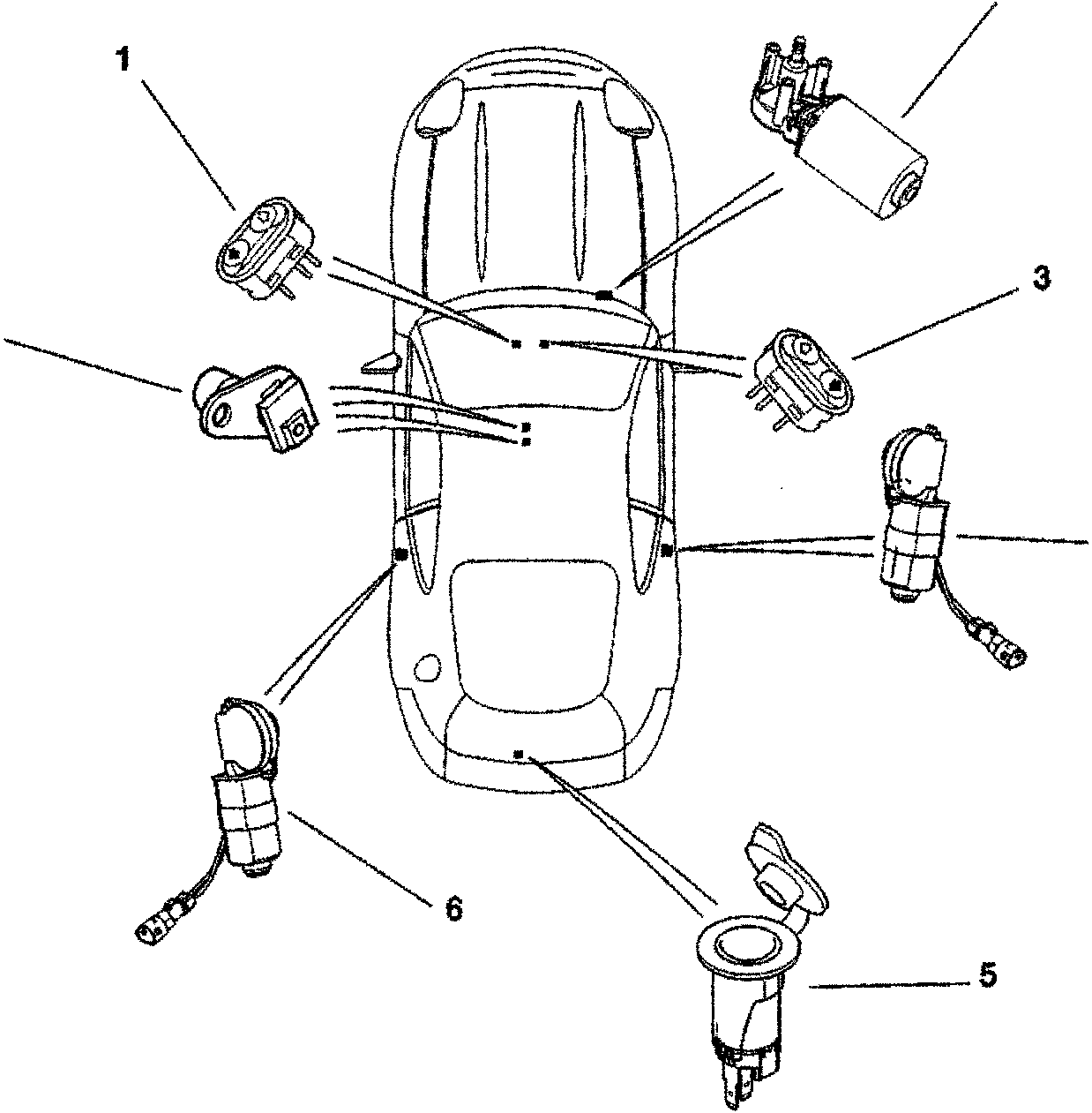 Top-down schematic of a car showing electrical component locations with numbered callouts