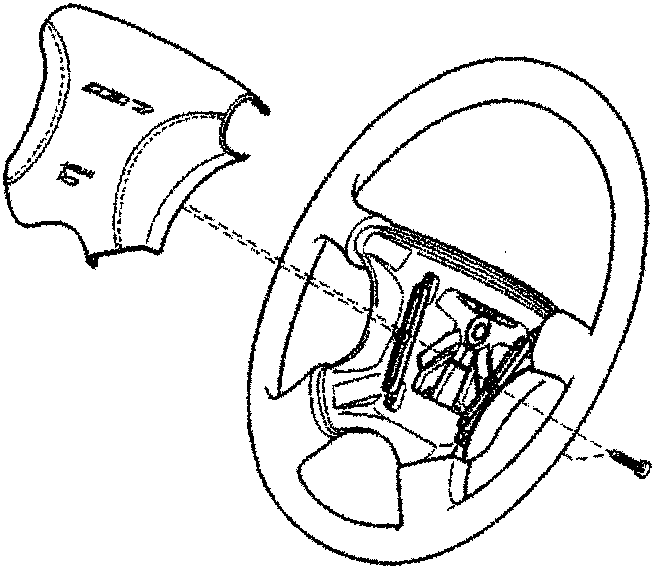 Steering wheel with airbag module removed, showing internal components and securing screws.