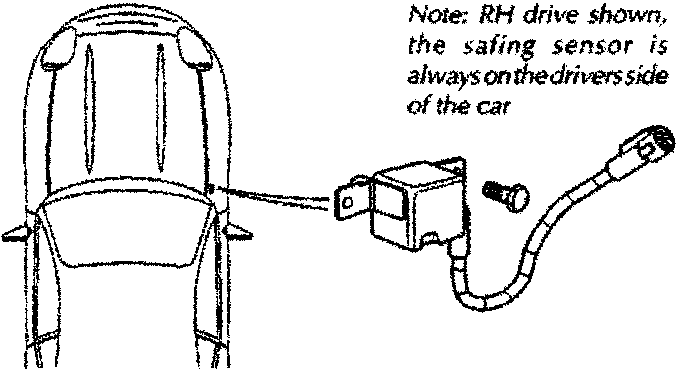 Top view diagram showing airbag safing sensor location. Note: RH drive shown, the safing sensor is always on drivers side of the car