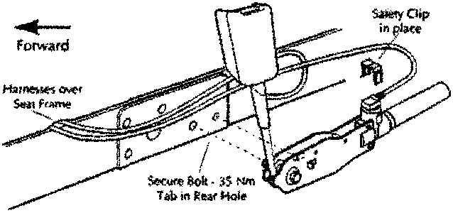 Pretensioner assembly installation diagram showing harnesses over seat frame, safety clip in place, and secure bolt tab in rear hole