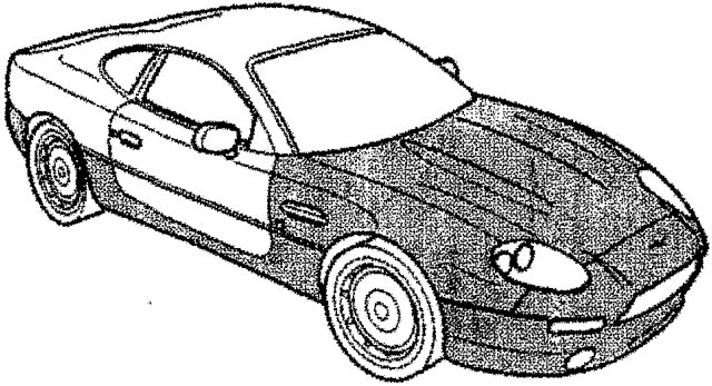 Side view of a DB7 car with shaded areas indicating RTM body panels