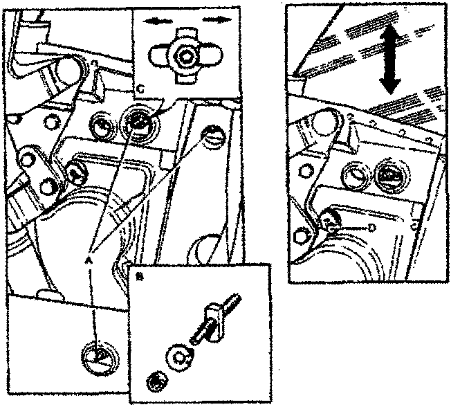 Rear Quarter Glass Adjustments diagram showing lateral, front-to-rear, and up-and-down adjustment mechanisms with labeled parts A, B, C, D.