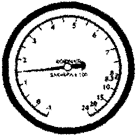 Manifold gauge set showing low side pressure reading with blue scale and 'LOW' valve position indicator.