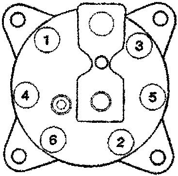 Diagram showing a circular plate with six bolt holes, numbered 1 through 6, and a central rectangular section.