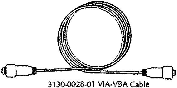 Coiled cable with two connectors labeled 3130-0028-01 VIA-VBA Cable