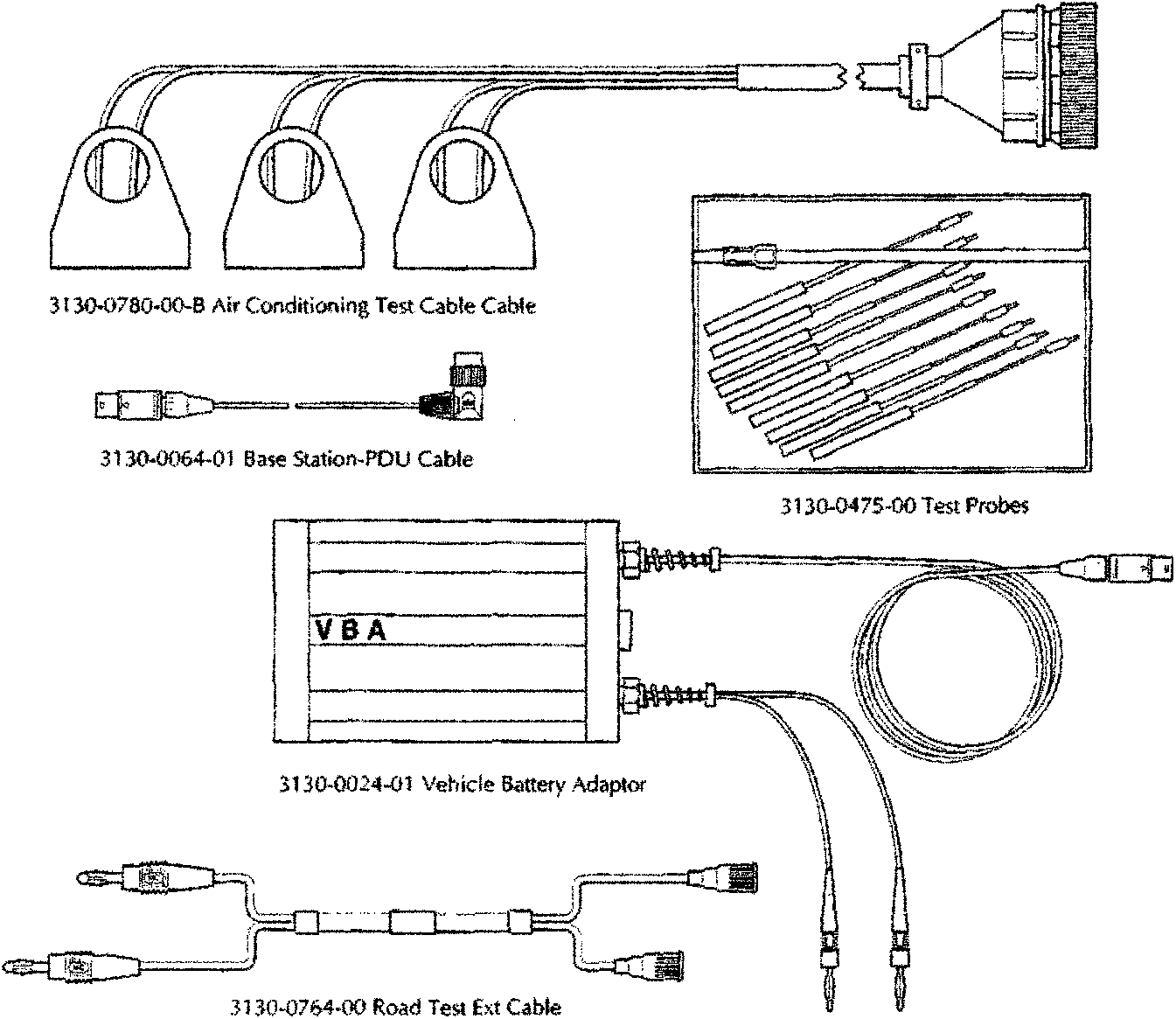 Diagram showing diagnostic cables including Air Conditioning Test Cable, Base Station-PDU Cable, Test Probes, Vehicle Battery Adaptor, and Road Test Ext Cable.