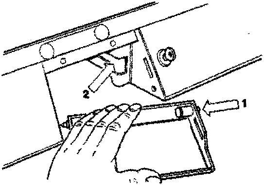 Diagram showing hands supporting a module while inserting it into a base station with arrows indicating direction and numbered parts 1 and 2.