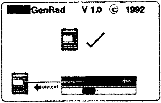Self-check completed screen showing GenRad V 1.0 © 1992 with a tick symbol next to a PDU icon and a progress bar labeled '040061'