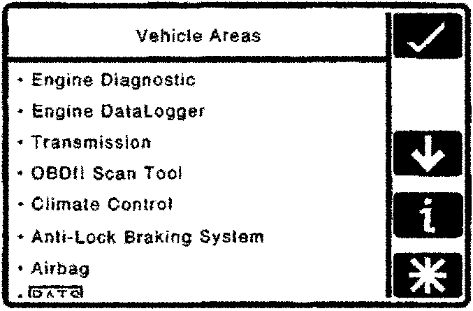 Vehicle Areas list with options: Engine Diagnostic, Engine DataLogger, Transmission, OBDII Scan Tool, Climate Control, Anti-Lock Braking System, Airbag, DATA