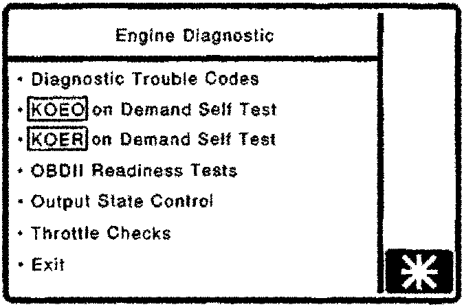 Engine Diagnostic menu with options: Diagnostic Trouble Codes, KOEO on Demand Self Test, KOER on Demand Self Test, OBDII Readiness Tests, Output State Control, Throttle Checks, Exit.