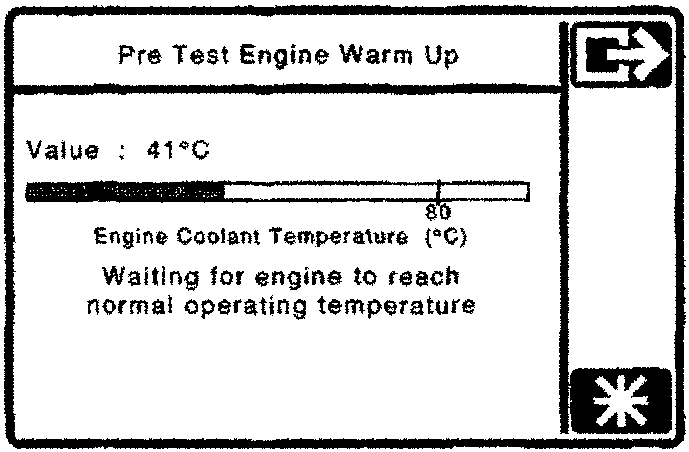 Pre Test Engine Warm Up screen showing Value: 41°C, Engine Coolant Temperature (°C) with a progress bar at 80, and text 'Waiting for engine to reach normal operating temperature'.
