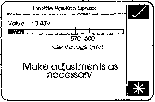 Throttle Position Sensor screen showing Value: 0.43V, scale from 570 to 600 mV, and text 'Make adjustments as necessary'