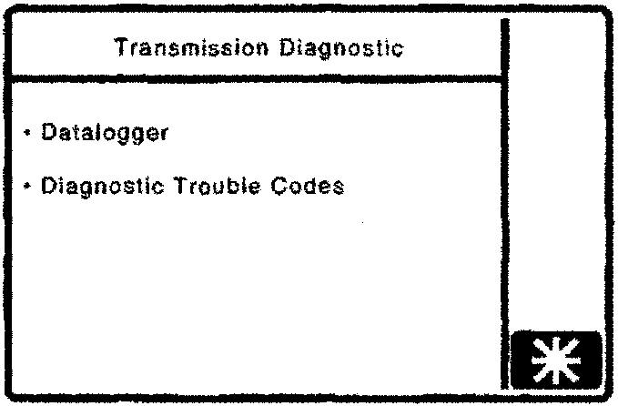 Transmission Diagnostic menu box with options: Datalogger and Diagnostic Trouble Codes