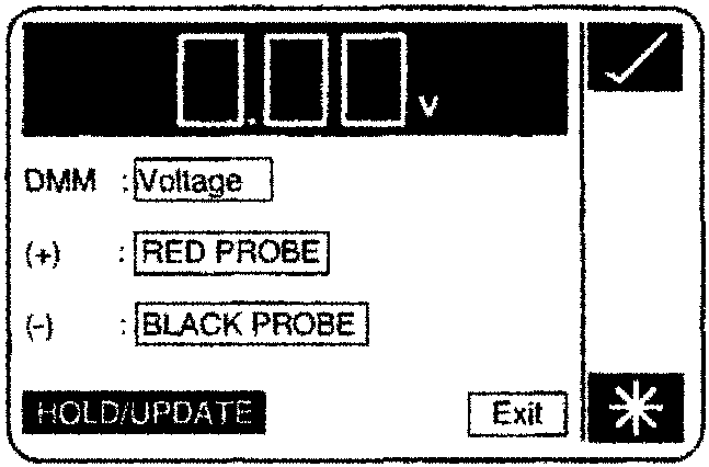 DMM General Screen showing Voltage mode with RED PROBE and BLACK PROBE indicators