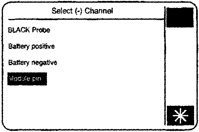 Select (+) Channel screen showing BLACK Probe, Battery positive, Battery negative, Module pin with tick and star icons
