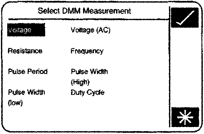 Select DMM Measurement screen showing Voltage, Resistance, Pulse Period, Pulse Width (low), Voltage (AC), Frequency, Pulse Width (High), Duty Cycle with tick and star icons