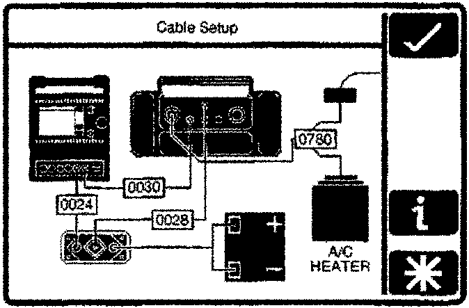 Cable Setup diagram showing connections between DMM, A/C HEATER, and various numbered connectors
