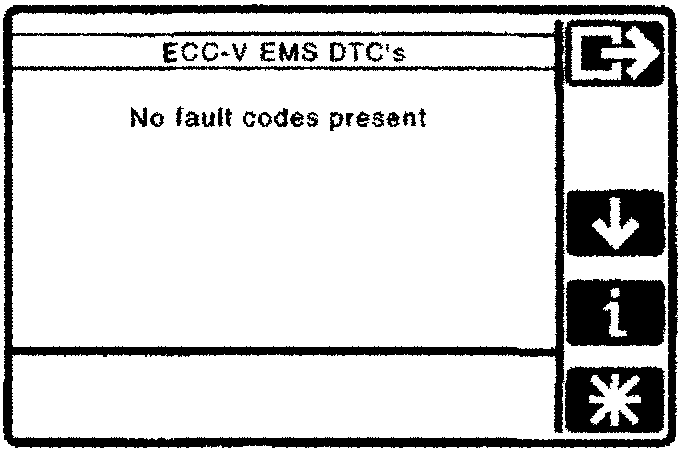 Screen showing 'ECC-V EMS DTC's' with text 'No fault codes present' and navigation icons on right side