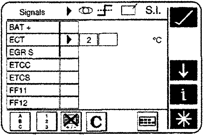 Parameter Customisation screen showing a table with columns for Signals (BAT+, ECT, EGR S, ETCC, ETCS, FF11, FF12), Record enabled, Display order, Trigger action, and Display S.I. Units (°C).