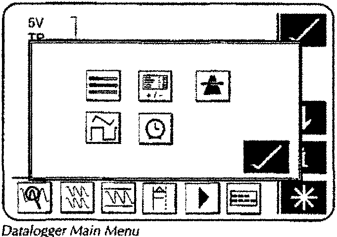 DataLogger Main Menu showing icons for Bargraph Display, Parameter Customisation, On-Road Manual Trigger, Waveform Display, DataLogger timing, and control buttons.