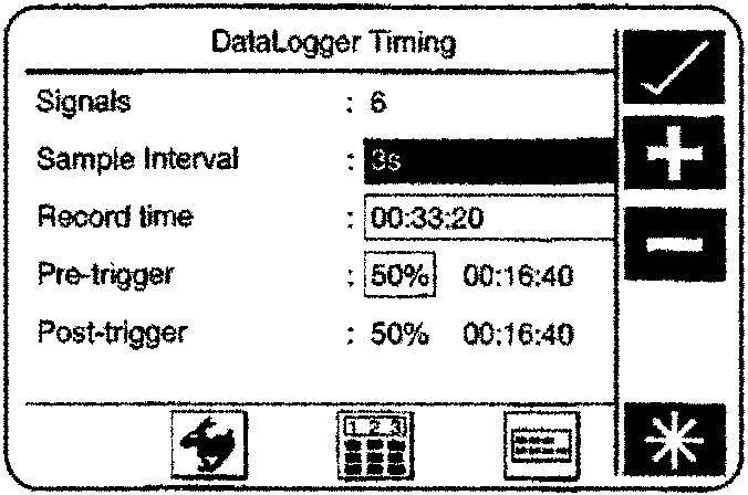 DataLogger Timing screen showing Signals: 6, Sample Interval: 3s, Record time: 00:33:20, Pre-trigger: 50% 00:16:40, Post-trigger: 50% 00:16:40 with icons for settings and calculator-style icon