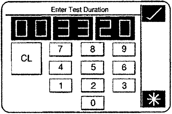 Enter Test Duration screen with keypad and value 00:33:20 displayed