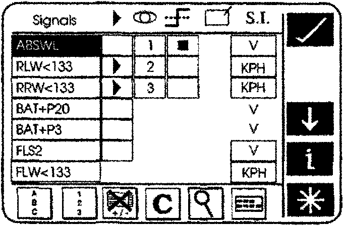 Parameter Customisation screen showing Signals: ABSWL, RLW<133, RRW<133, BAT+P20, BAT+P3, FLS2, FLW<133 with units V and KPH, and icons for S.I., ↓, i, and *