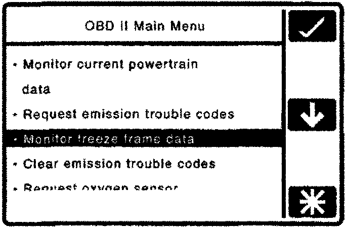 OBD II Main Menu screen with options: Monitor current powertrain data, Request emission trouble codes, Monitor freeze frame data, Clear emission trouble codes, Request oxygen sensor