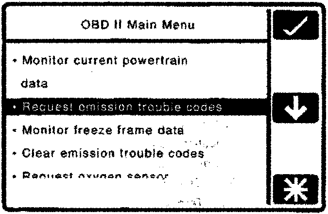 OBD II Main Menu screen with options: Monitor current powertrain data, Request emission trouble codes, Monitor freeze frame data, Clear emission trouble codes, Request oxygen sensor