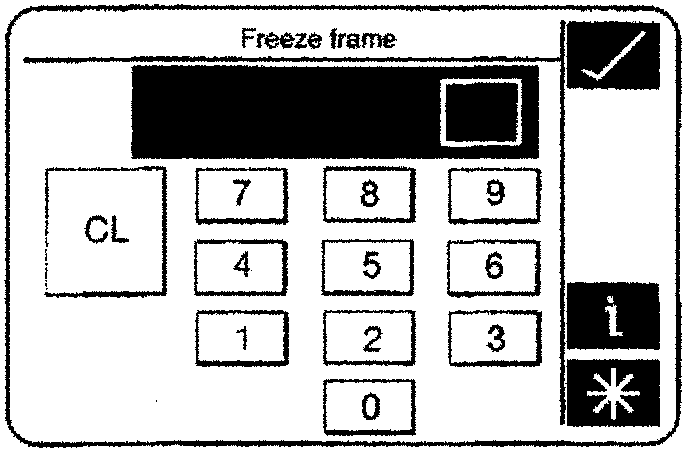 Freeze frame screen with numeric keypad (CL, 7,8,9,4,5,6,1,2,3,0) and icons i and *