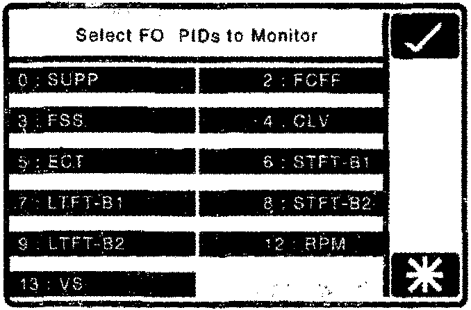 Select FO PIDs to Monitor screen with checkboxes for SUPP, FCFF, FSS, CLV, ECT, STFT-B1, STFT-B2, LTFT-B1, LTFT-B2, RPM, and VS.