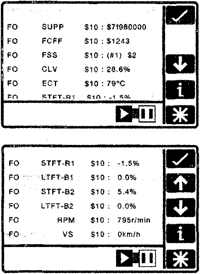 Two screens showing freeze frame data: first screen with SUPP, FCFF, FSS, CLV, ECT, STFT-R1; second screen with STFT-R1, LTFT-B1, STFT-B2, LTFT-B2, RPM, VS.