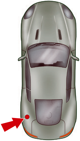 Top-down diagram of a green Aston Martin DB9 with red arrows indicating orientation reference points