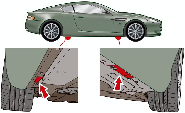 Side profile of the DB9 with red markers indicating jacking points, plus two close-up views of the front and rear jacking locations