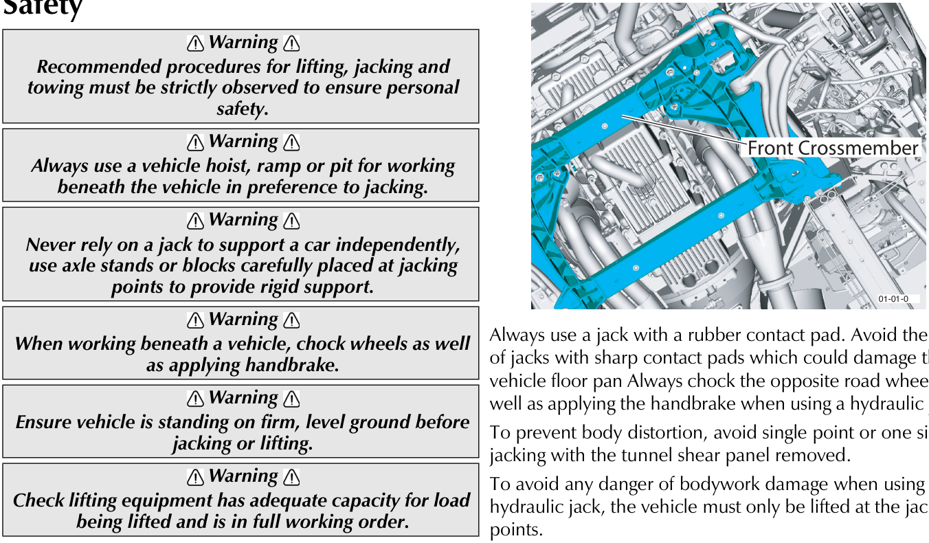 Underneath view of the engine bay showing the front crossmember highlighted in blue
