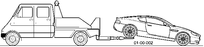 Line drawing showing a flatbed transporter lifting the rear wheels of an Aston Martin DB9
