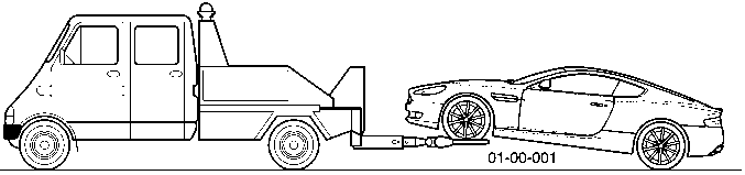 Line drawing showing a flatbed transporter lifting the front wheels of an Aston Martin DB9