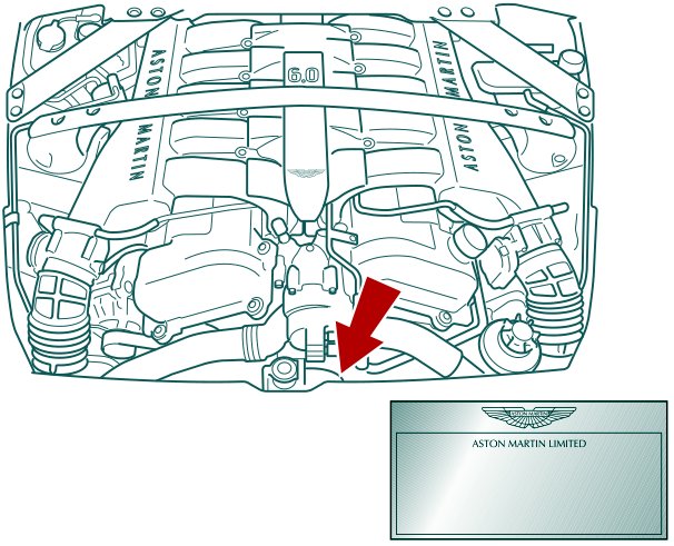 Line drawing of the engine bay with an arrow pointing to the VIN plate location