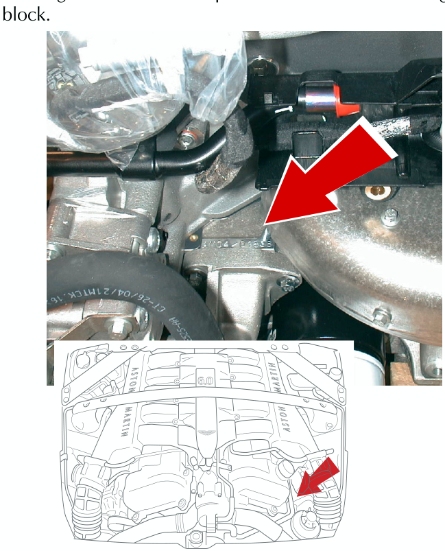 Photograph and line drawing showing the location of the engine number on the LH side of the engine block, indicated by a red arrow.
