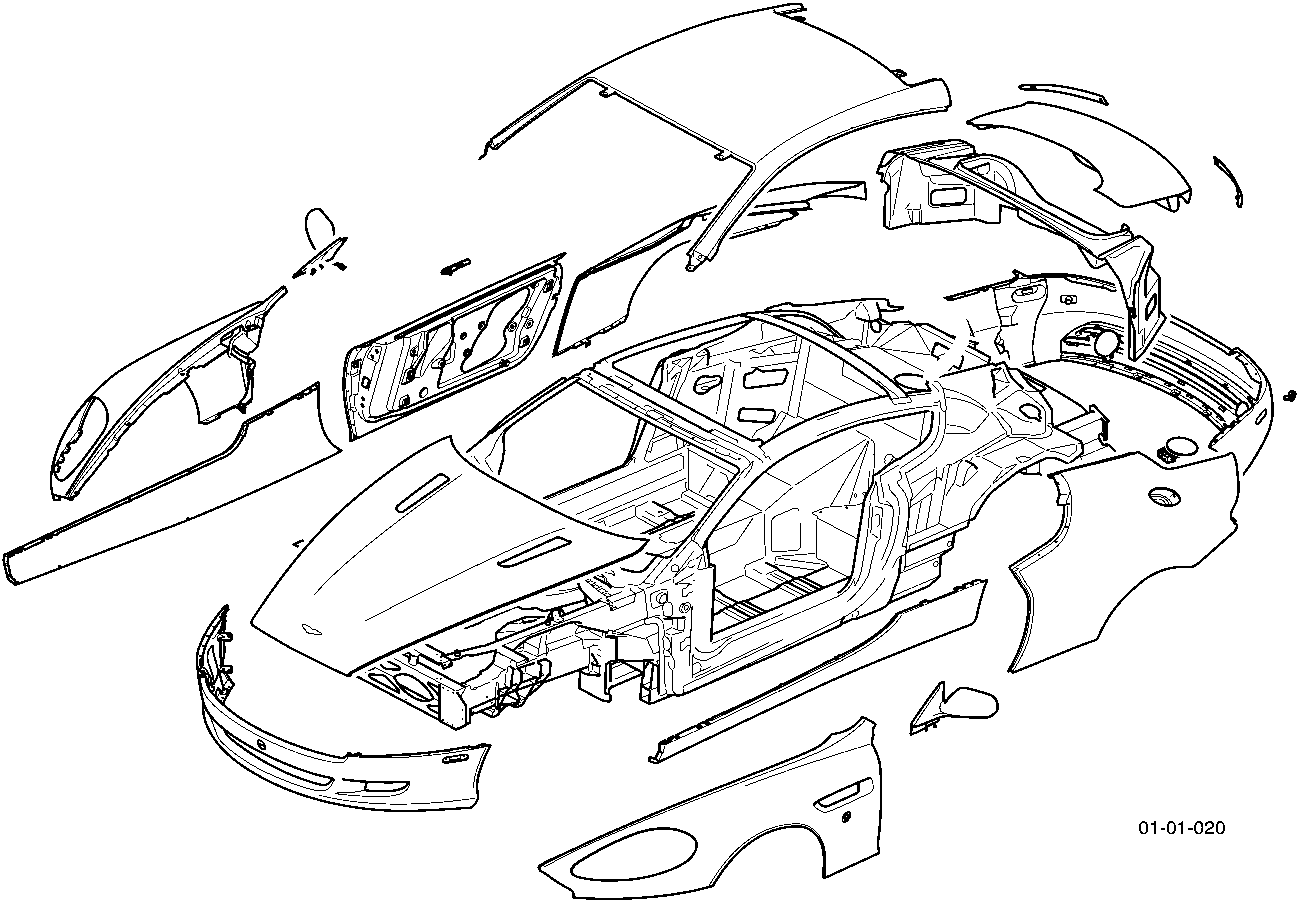 Exploded line drawing of the DB9 body structure showing the aluminium underframe, roof panel, rear quarter panels, front wings, bumpers, and other exterior components separated from the main chassis. Figure number 01-01-020 is printed in the bottom right corner of the diagram area.