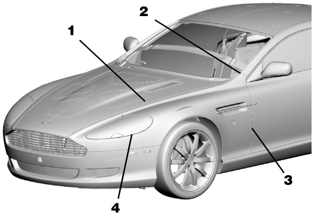 Diagram of the front of a DB9 car with callout lines numbered 1, 2, 3, and 4 pointing to various panel gaps and components.