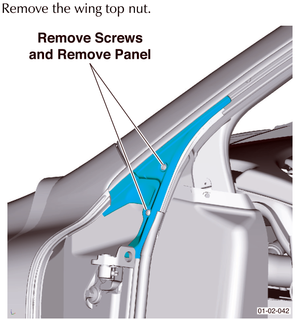 Cutaway diagram showing the upper A-pillar area with a blue highlighted trim panel being removed, indicated by arrows. Text reads 'Remove Screws and Remove Panel'.