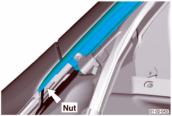 Cutaway diagram showing the lower A-pillar area with a blue highlighted trim panel and an arrow pointing to a nut labeled 'Nut'.