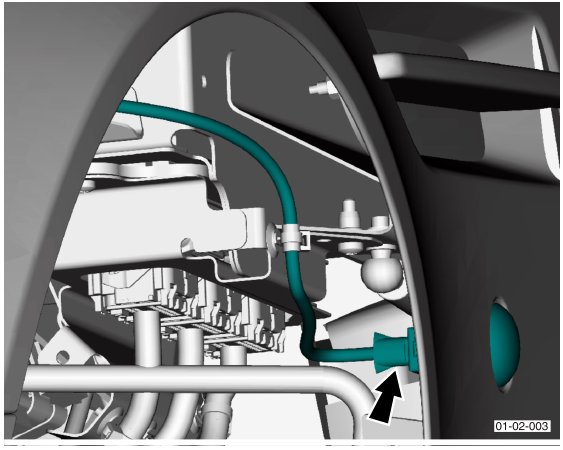 Diagram showing the side repeater lamp wiring harness plug connection inside the wheel arch area.