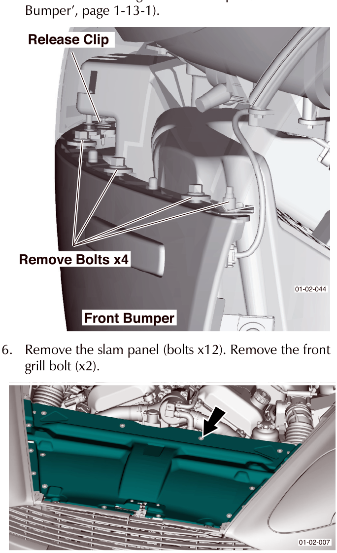 Diagram of the front bumper showing release clips and four bolts to remove.