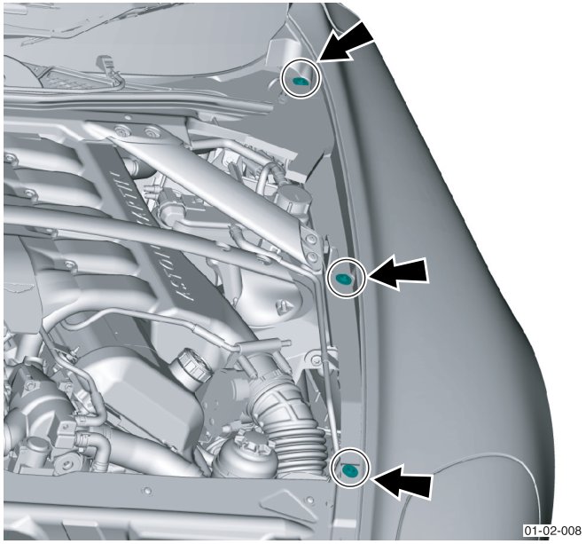 Diagram showing three bolts located along the edge of the engine bay near the wing.