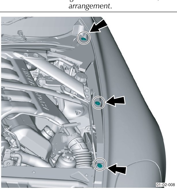 View under the bonnet showing the locations of the two lower rear wing bolts indicated by arrows