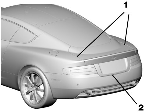 Rear three-quarter view diagram of a car showing numbered points 1 and 2 indicating gap and flush measurement locations on the boot lid.