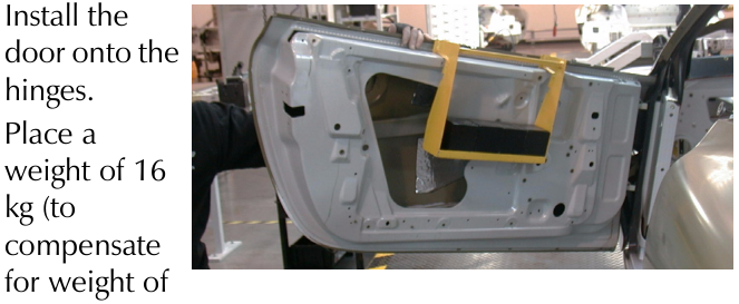 Install car door onto hinges with 16 kg weight compensation