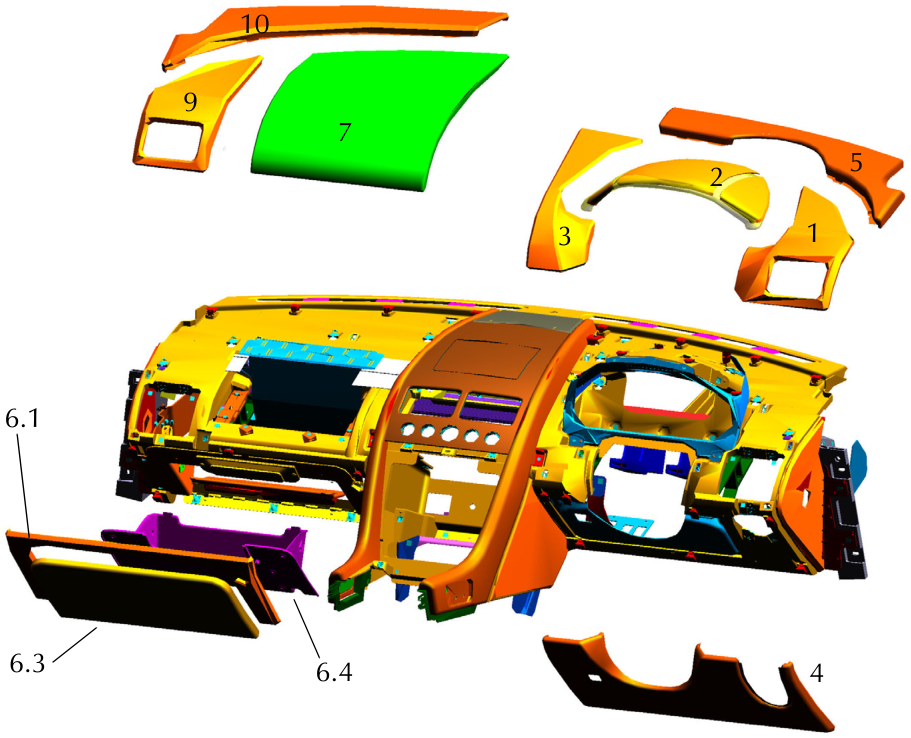 Exploded view diagram of the IP trim components showing numbered parts 1 through 10, including the glovebox assembly, airbag panel, and center stack sections.